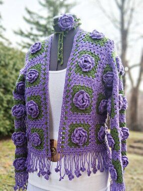 Purple 3D Floral Fringe Granny Square Sweater and Rose Wrap Choker M/L